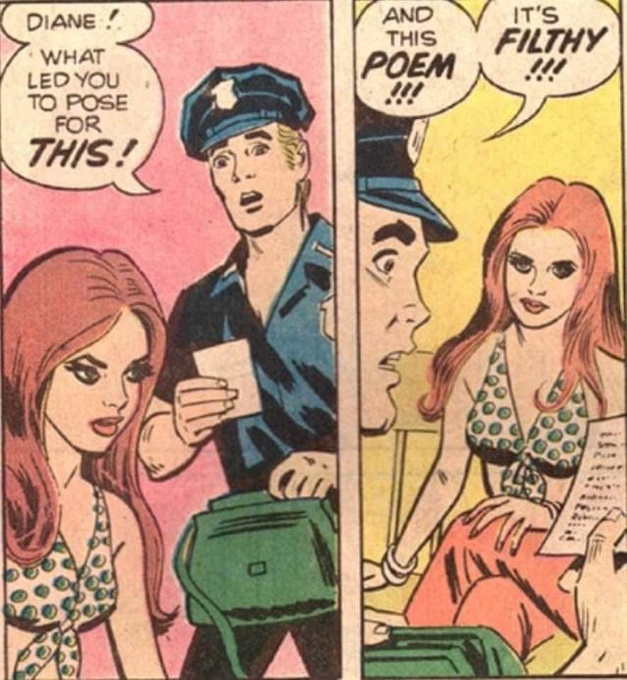 Comic with a police man accusing a woman of being filthy