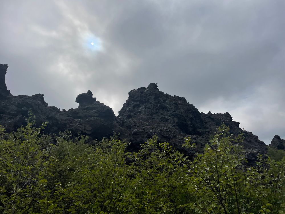 Landscape with lavic rock formations and vegetation