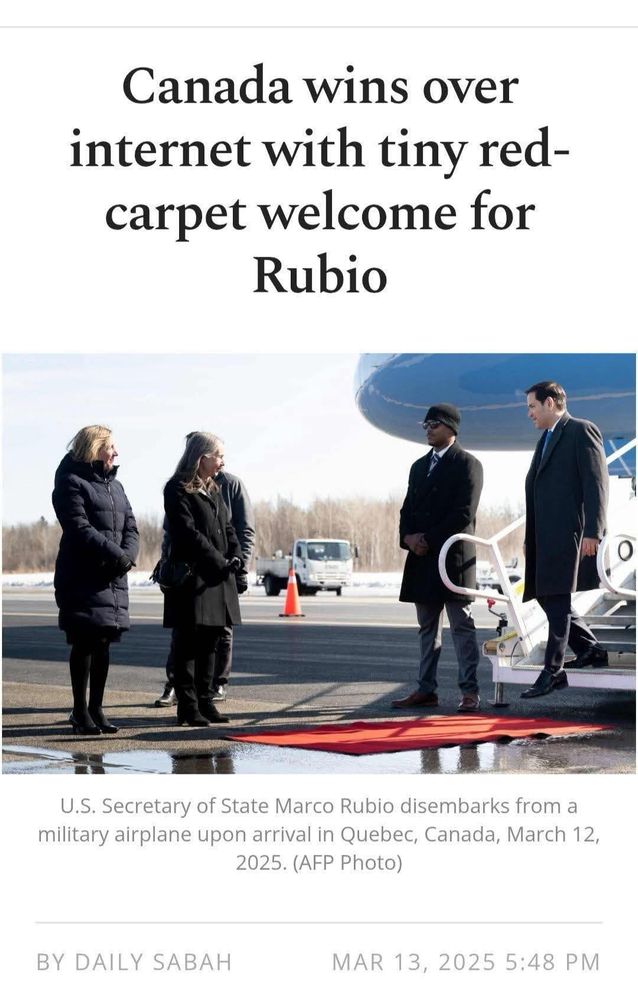 Canada wins over internet with tiny red-carpet welcome for Rubio U.S. Secretary of State Marco Rubio disembarks from a military airplane upon arrival in Quebec, Canada, March 12, 2025. (AFP Photo)