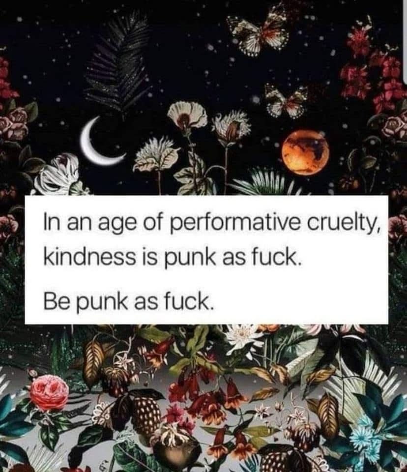 In an age of performative cruelty, kindness is punk as fuck.
Be punk as fuck.