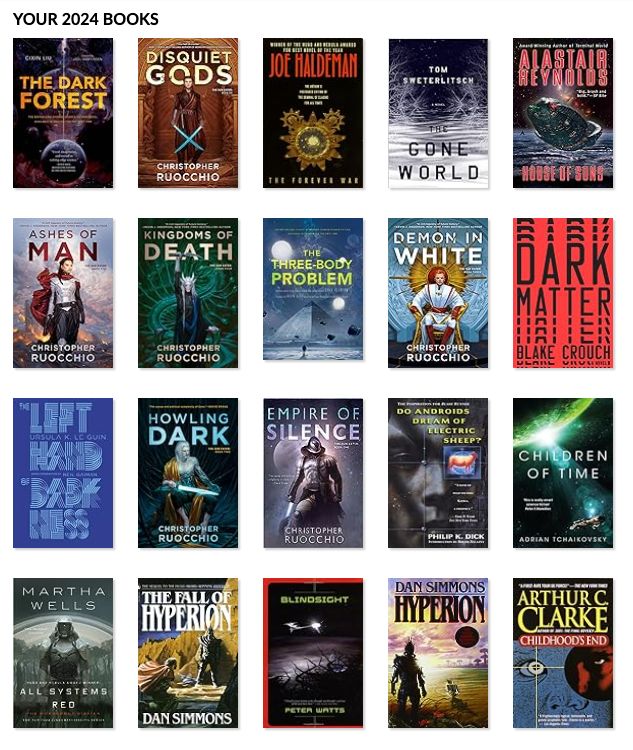 My SF books read in 2024: The Dark Forest, Disquiet Gods, The Forever War, The Gone World, House of Suns, Ashes of Man, Kingdoms of Death, The Three-Body Problem, Demon in White, Dark Matter, The Left Hand of Darkness, Howling Dar, Empire of Silence, Do Androids Dream of Electric Sheep, Children of Time, All Systems Red, The Fall of Hyperion Blindsight, Hyperion, Childhood's End