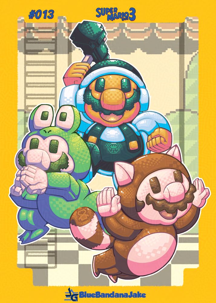 An illustration by me, of Mario in the 3 special suits he can get in Super Mario Bros 3: the Hammer suit, Frog suit and Tanooki suit, all drawn in a blocky squarish style featuring pixel styled highlights and shading. The background is a recreation of the title screen from the same game and the illustration has a boarder in the shape of an NES cartridge. 
