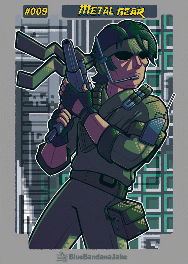 An illustration card of Snake from Metal Gear, sneaking around a corner holding a blocky gun. He's draw in a blocky style with pixel pattern styled lighting effects. He's designed as something of a combination of his modern style and the original box art for the NES game (which itself was modelled after Kyle Reese from the Terminator). The background is a recreated pixel art from the NES game of the military base level and the whole illustration is framed with a boarder in the vague shape of an NES cartridge with the number of the card and the title at the top. 