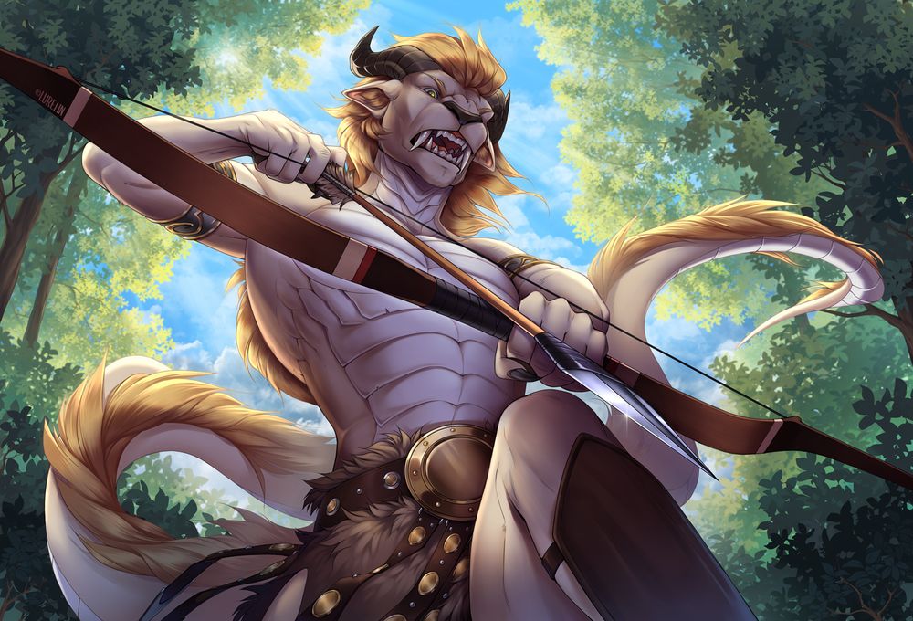 Fierce Tob the beige dragon is looking down while using bow and arrow