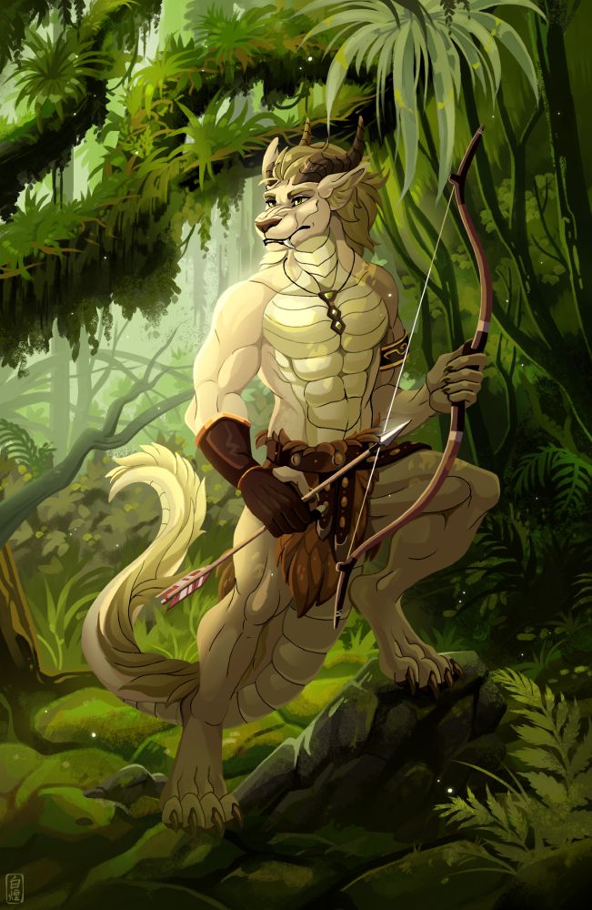 Tob the dragon is in his full armor, holding bow in his left hand and arrow in the right one, behind him is a very green forest (almost jungle)