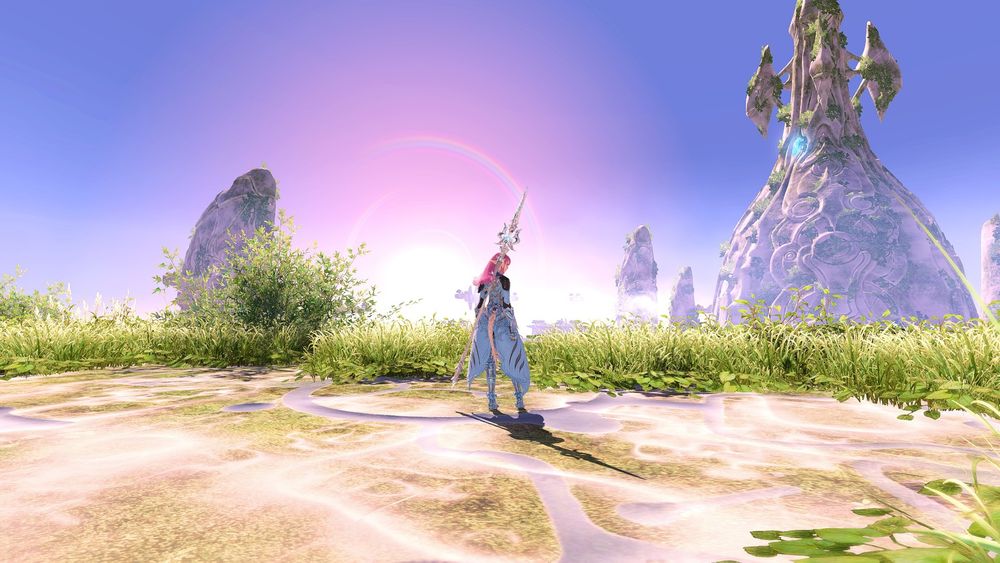 My fem au ra, Amata, standing in the first alliance raid part of Dawntrail