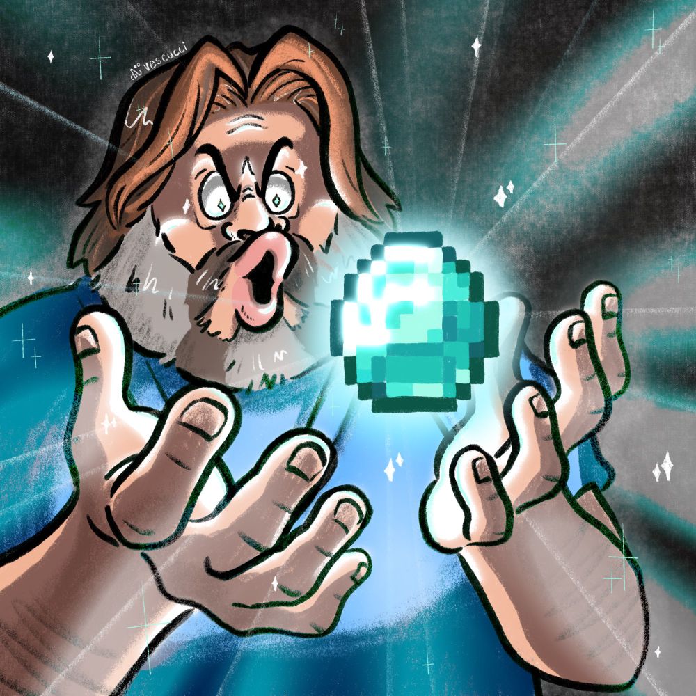An illustration of Jack Black’s Steve from “A Minecraft Movie” looking at a diamond from Minecraft in bewilderment.