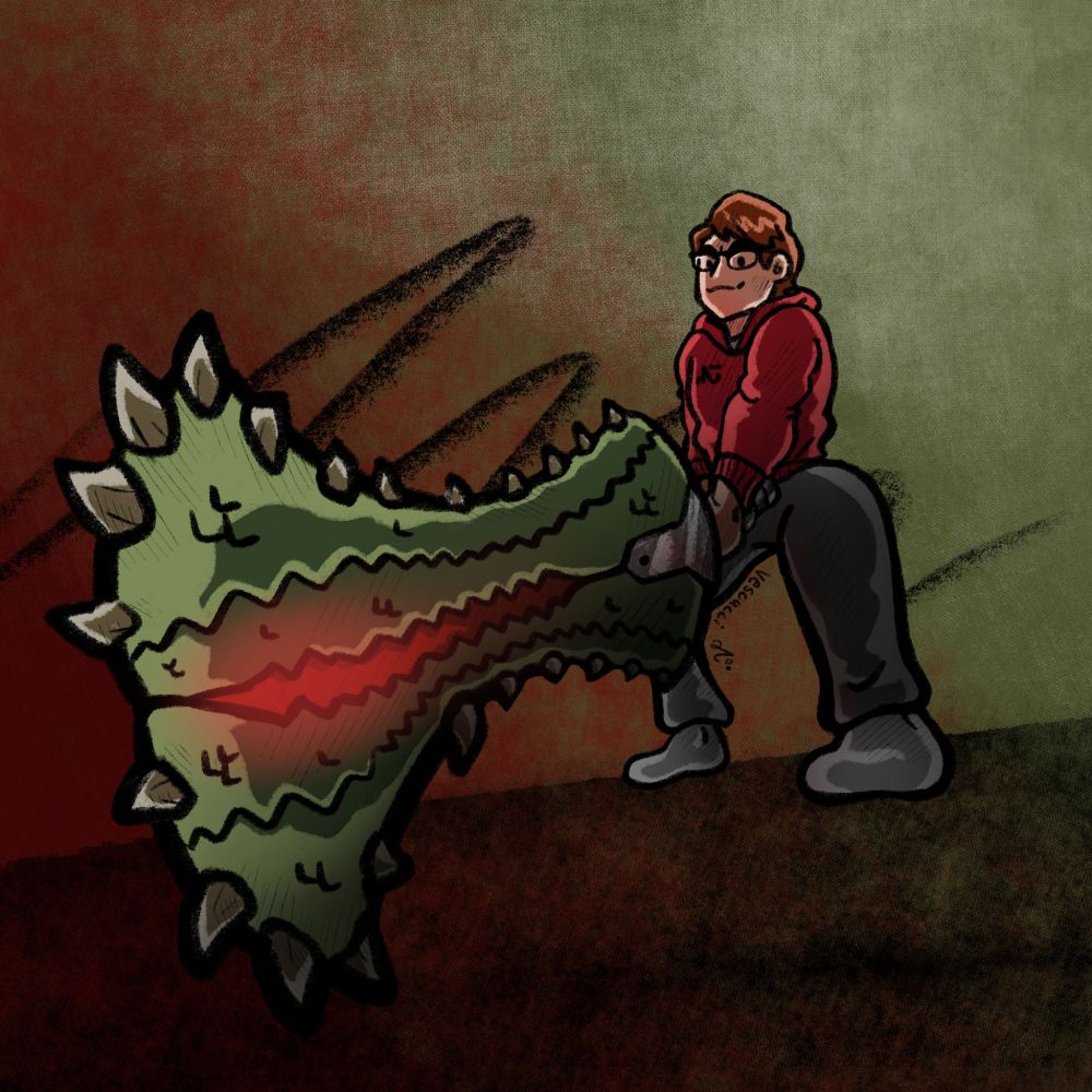 An illustration of myself holding Anguish: the Deviljho-tree great sword from the Monster Hunter series.