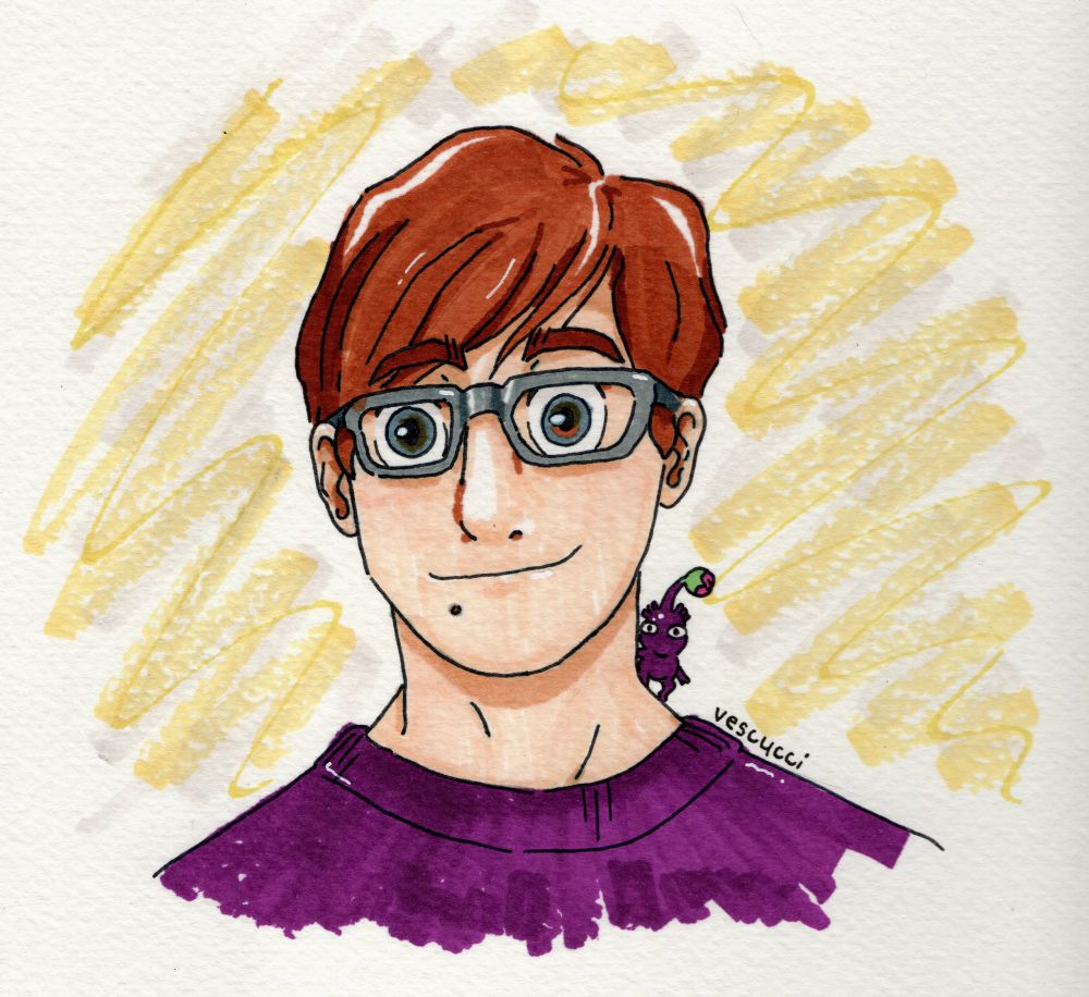 A self portrait using. Medium: alcohol markers. There's a purple Pikmin on my shoulder.
