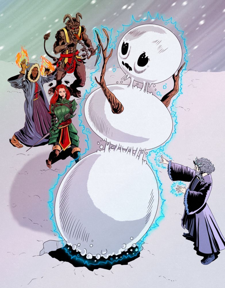 Drawing of festive themed adventurers about to battle an unwilling snowman summoned by a wintery wizard.
