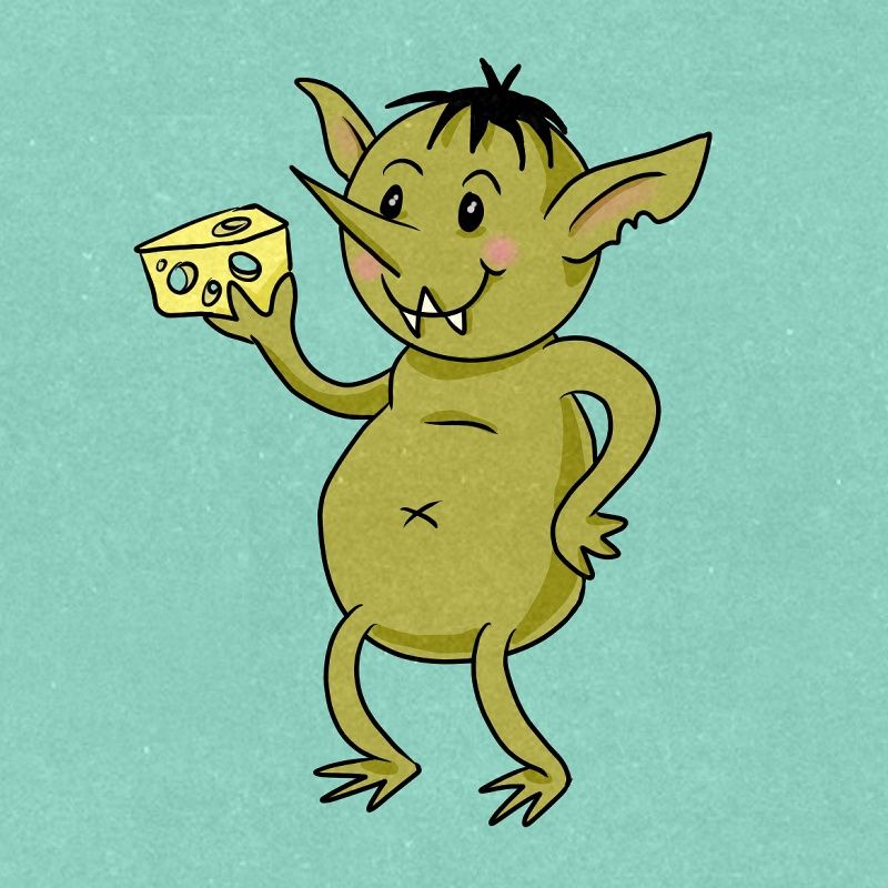 Cartoon drawing of a little green goblin with a sprig of black hair, holding a piece of cheese.