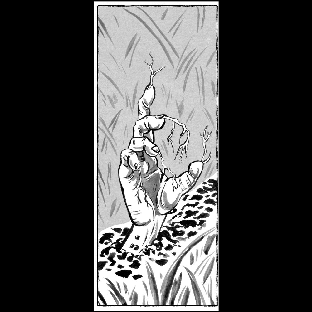 A black and white drawing of a hand emerging from soil with roots growing from the fingers.