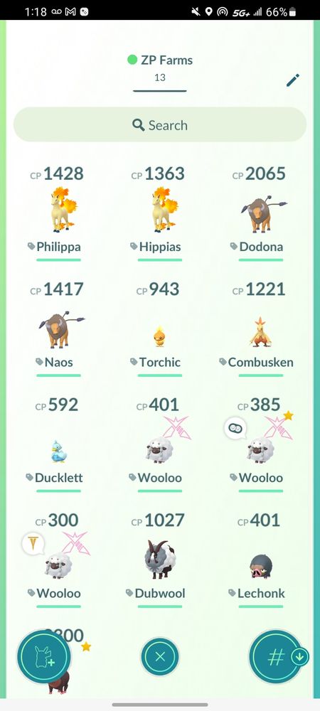 List of pokemon tagged as ZP Farms: rapidash, tauros, torchic, combusken, ducklett, wooloo,  dubwool, lechonk, and oinkologne
