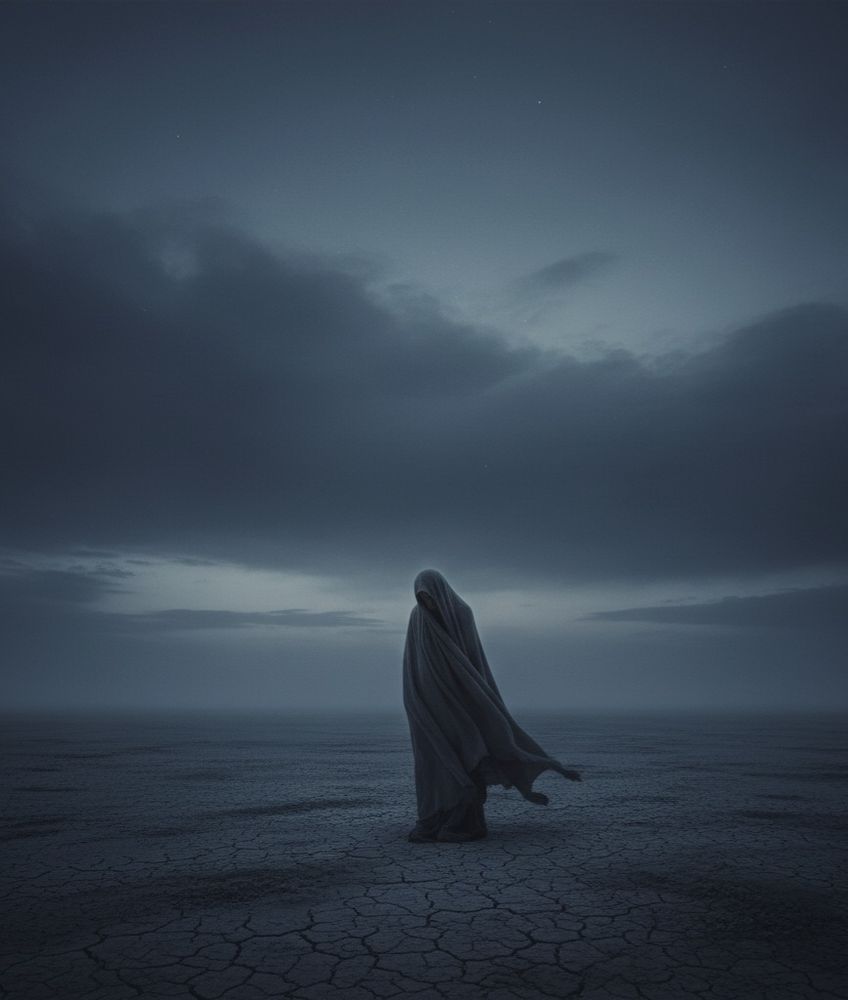 A lone, cloaked figure stands on cracked, desolate ground beneath a dark, cloudy sky.
​The image is heavily atmospheric, using deep blue-gray tones to create a sense of isolation and mystery.