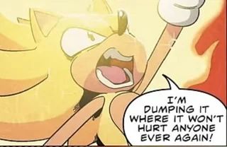 Super Sonic yelling "I'm dumping it where it won't hurt anyone ever again!"