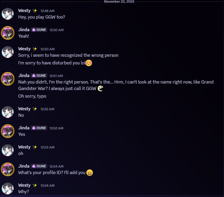 A text conversation with a Discord scammer asking if Jinda plays a game called "GGW" (Grand Gangster War, or something similar)