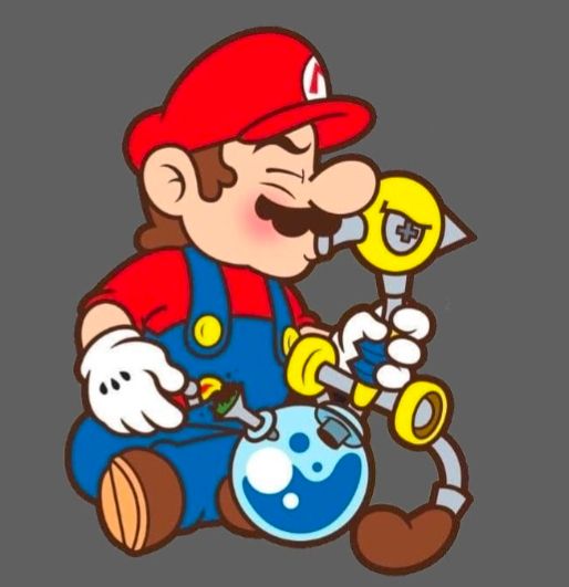 Mario using FLUDD as a bong, his left hand wrapped around FLUDD's neck. His right hand is holding a lighter down where FLUDD's dong would be, but in place of that is a bowl full weed.
Mario's lips are locked on FLUDD's to pull the hit and FLUDD is looking away with a seemingly coy/embarrassed expression