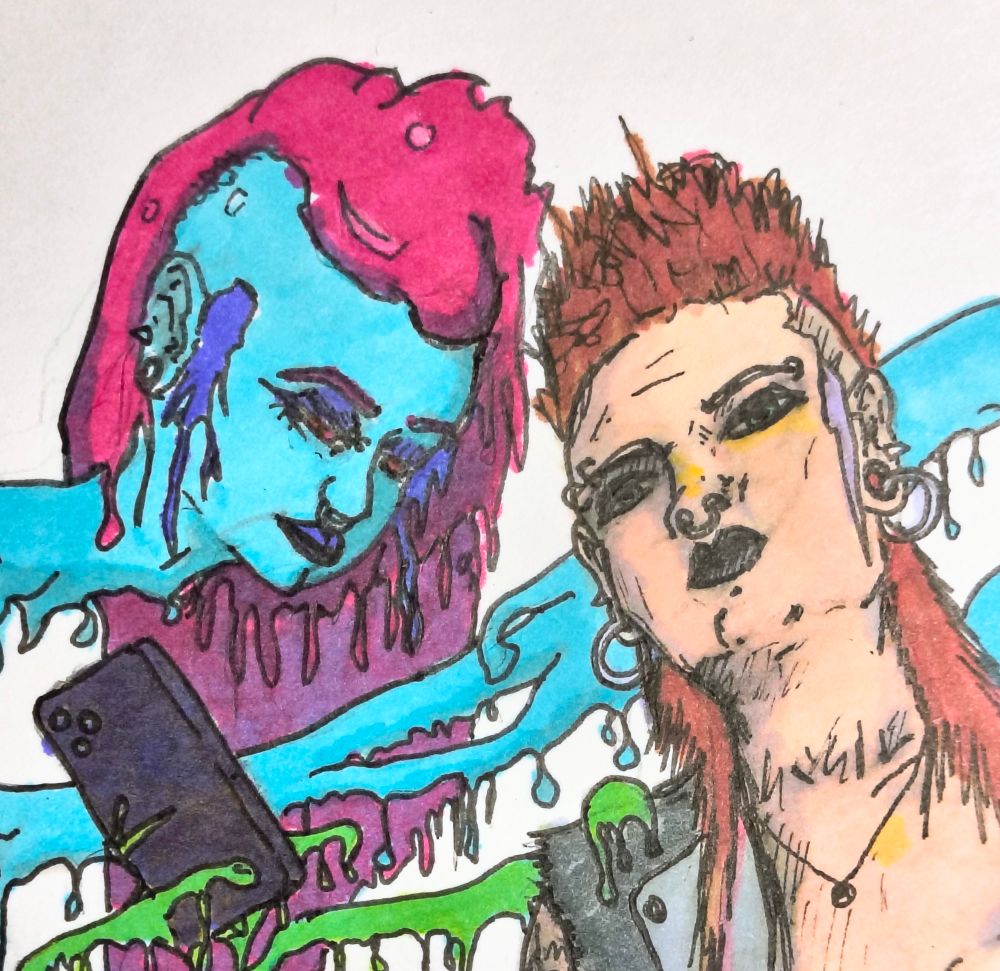 A detail closeup of the characters in the previous image's faces.