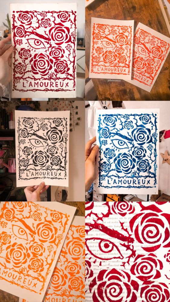 Linogravures sur feuille avec un motif inspiré du tarot « l’amoureux » : un œil ressort parmis des roses à épines 