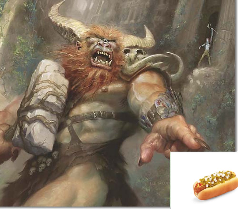 Borborygmos pointing at a hot dog