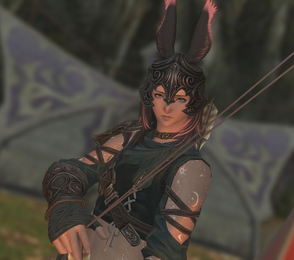 My WoL, Ziero, dressed in the starter gear for Viera. He's wearing a helmet and holding a bow at ease but still ready to draw back and shoot should he need to