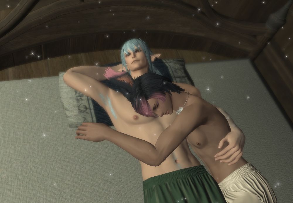 Haurchefant and Ziero cuddling together in bed. They are both wearing a simple pair of sleep pants. Ziero rests his head over Haurchefant's chest, the sound of the knight's heartbeat soothing the anxiety that still plagues the WoL