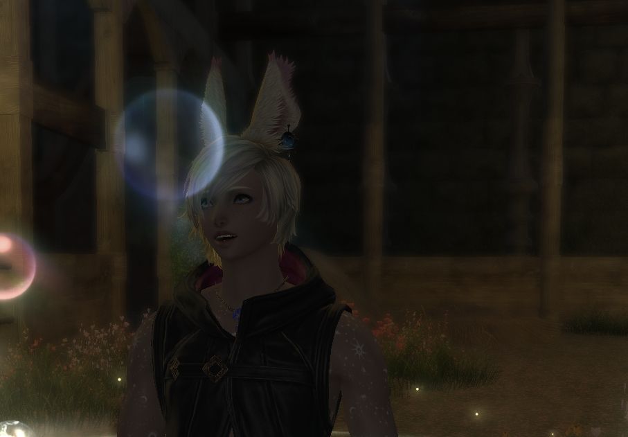My viera OC Ziero, but instead of his black hair with pink highlights, this picture has him with blond hair and pink highlights. He's staring in awe at bubbles
