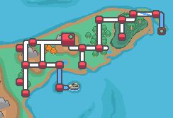 The Oria region, a region map for a Pokemon fan game being created using PDSK called Pokemon Liberation. The region is based on Florida, but rotated 90 degrees counter-clockwise, and is depicted in the map style of Heart Gold and Soul Silver.