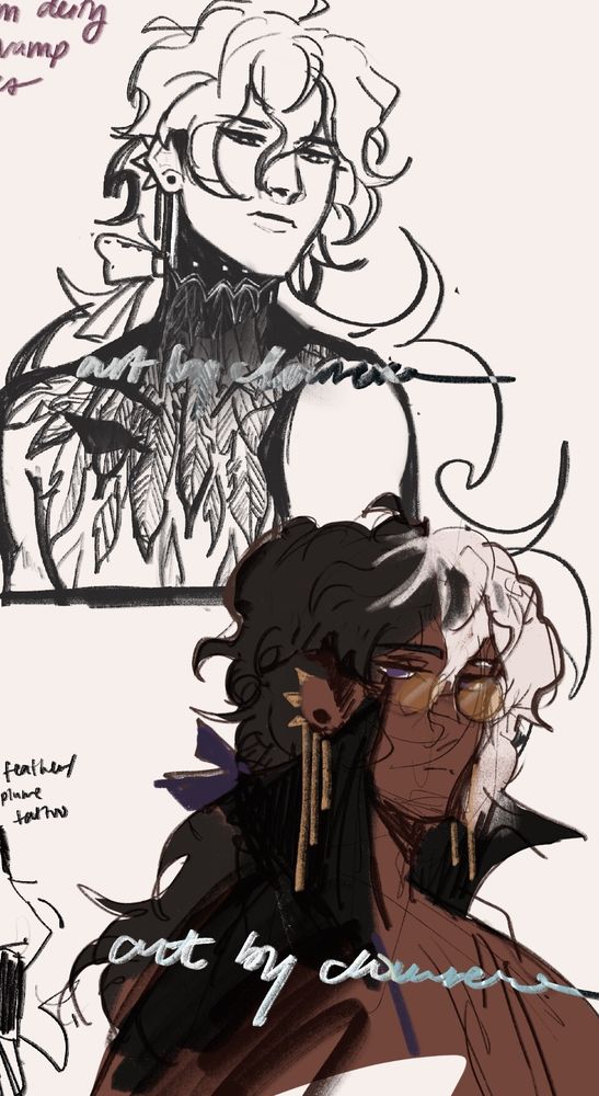 Two sketches of Eve, an original character. They seem to be frowning or have a deadpan expression. They have half black and half white hair, brown skin, gold piercings, and yellow-tinted glasses. The upper sketch shows a rough draft of how their tattoos would look. 