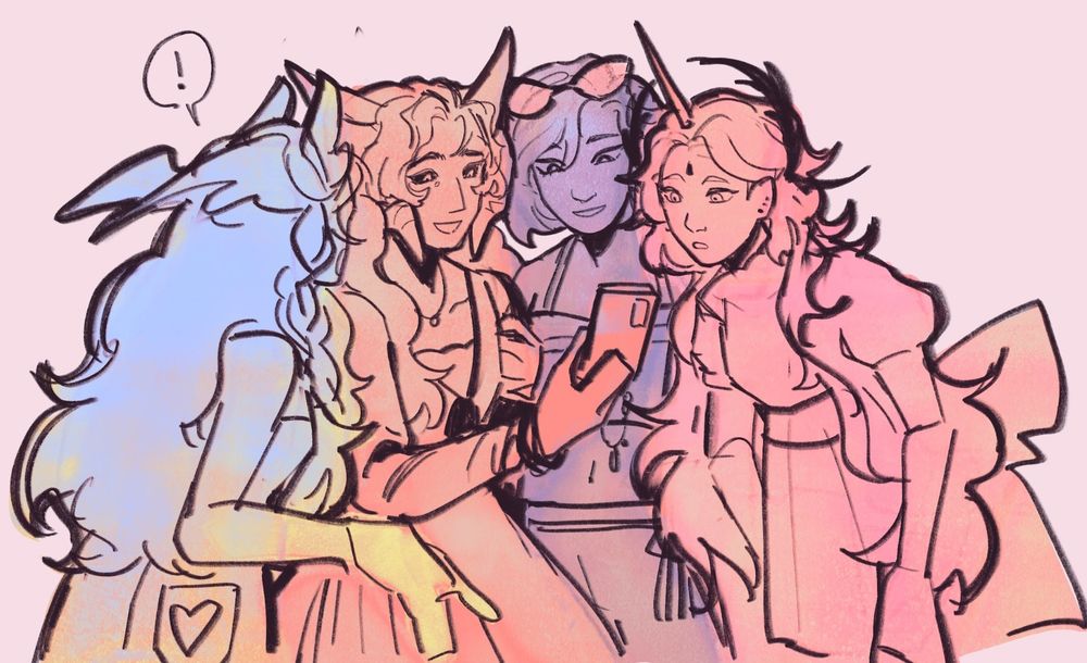 A sketch of four characters gossiping, all looking at a phone. From left to right: Ceres, Mayari, Azul and Róisín.