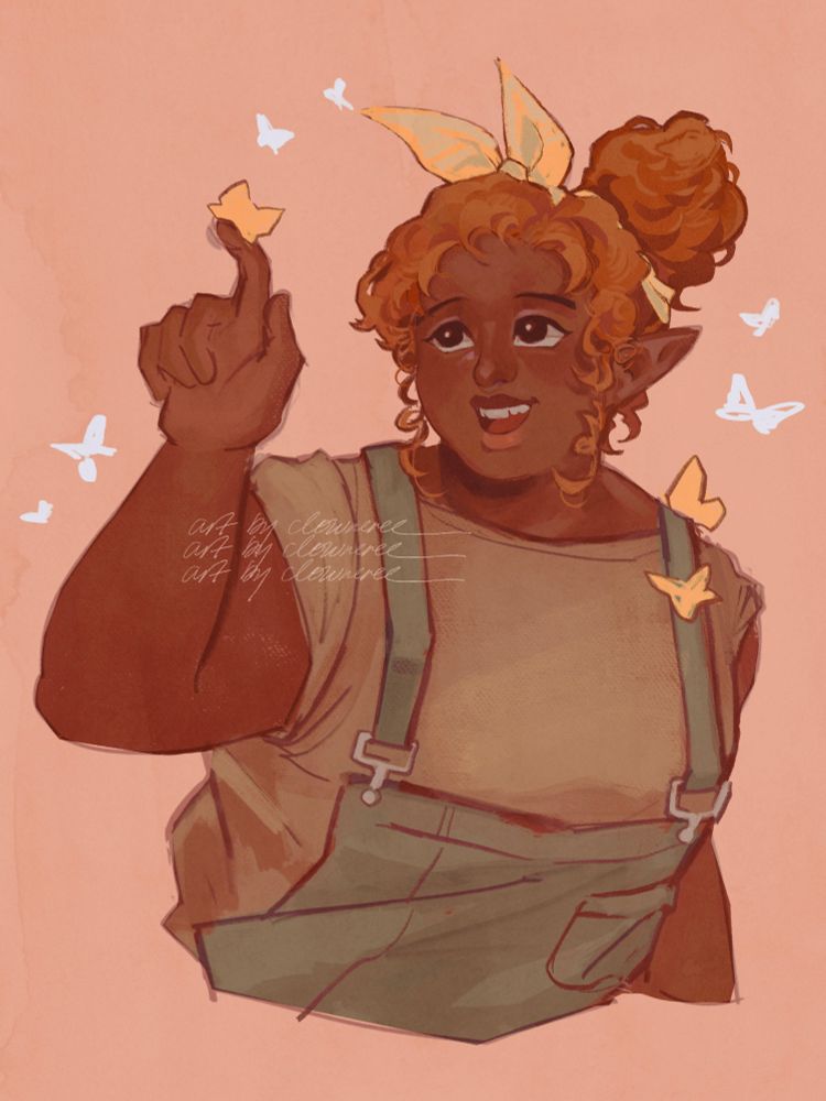 A drawing of a young dark-skinned woman happily looking at a butterfly perched on her finger.