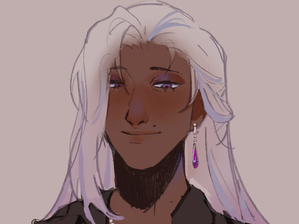 Lixian - their long hair is light periwinkle and their skin is a medium brown. They have a mole on their upper lip. Downturned eyes with noticeable bottom eyelashes, with faint purple eyeshadow. A crystal earring is on their exposed ear.