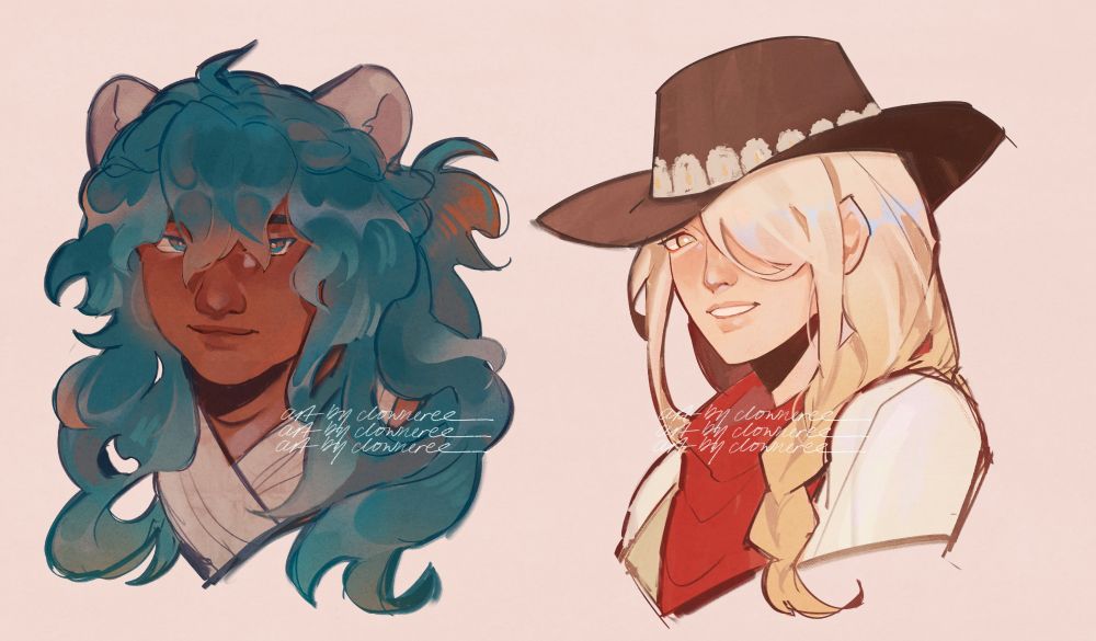 On the left, a headshot drawing of a fat genderfluid character with brown skin and long ocean blue hair, looking at the viewer with a small smile. He has leopard ears. The shape of his hair resembles the flow of water.

On the right, a headshot drawing of a cowboy character with pale skin, and long  pale braided hair. He is wearing a cowboy hat, and is also looking at the viewer with a small smile.