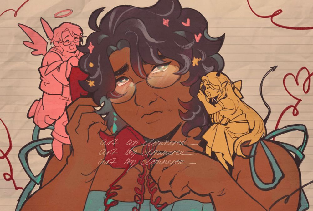 a digital drawing of 3 original characters, from left to right: emil, victor, and hastur. in the middle, victor is playing with the telephone cord, wearing oval glasses and a teal spaghetti strap dress. emil on the left is dressed as an angel, leaning on the telephone, and is colored pink. hastur is on the right, colored yellow, sitting on victor's shoulder. he is dressed as a demon and is whispering to victor.