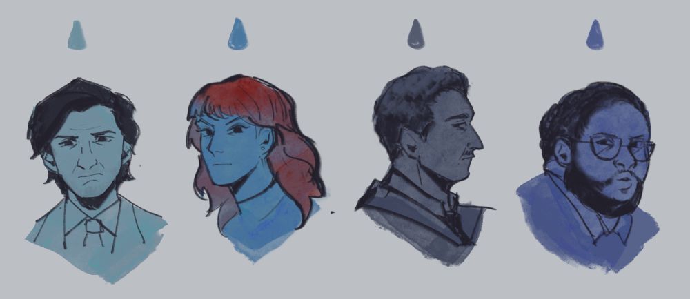 Portrait studies of the Severance cast. From left to right: Adam Scott, Britt Lower, John Turturro, and Zach Cherry.