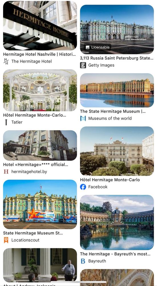 “Collage” of various buildings with dubious claims to the word “Hermitage”. Mostly opulent, lavish and distinctly unlike a hermitage.