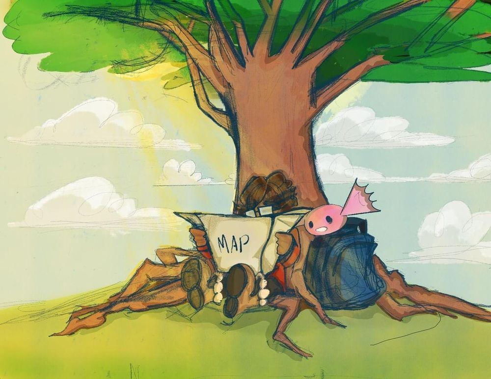Candy and Kid sit underneath a big tree, reading a map in the sunlight. Kid is a small, brown human girl, wearing a red coat, black pants and large tan boots. Candy is a smaller, pink creature, who resembles a piece of candy in a wrapped, save for a set of eyes and a mouth, as he sits atop Kid's blue backpack.