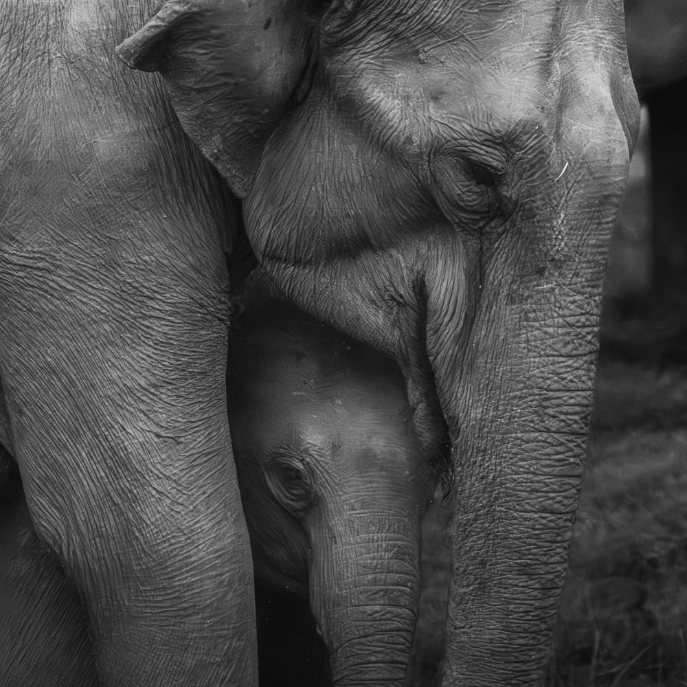 A black and white close-up of a baby elephant nestled under the head and trunk of an adult elephant, showing a tender moment of protection and care.