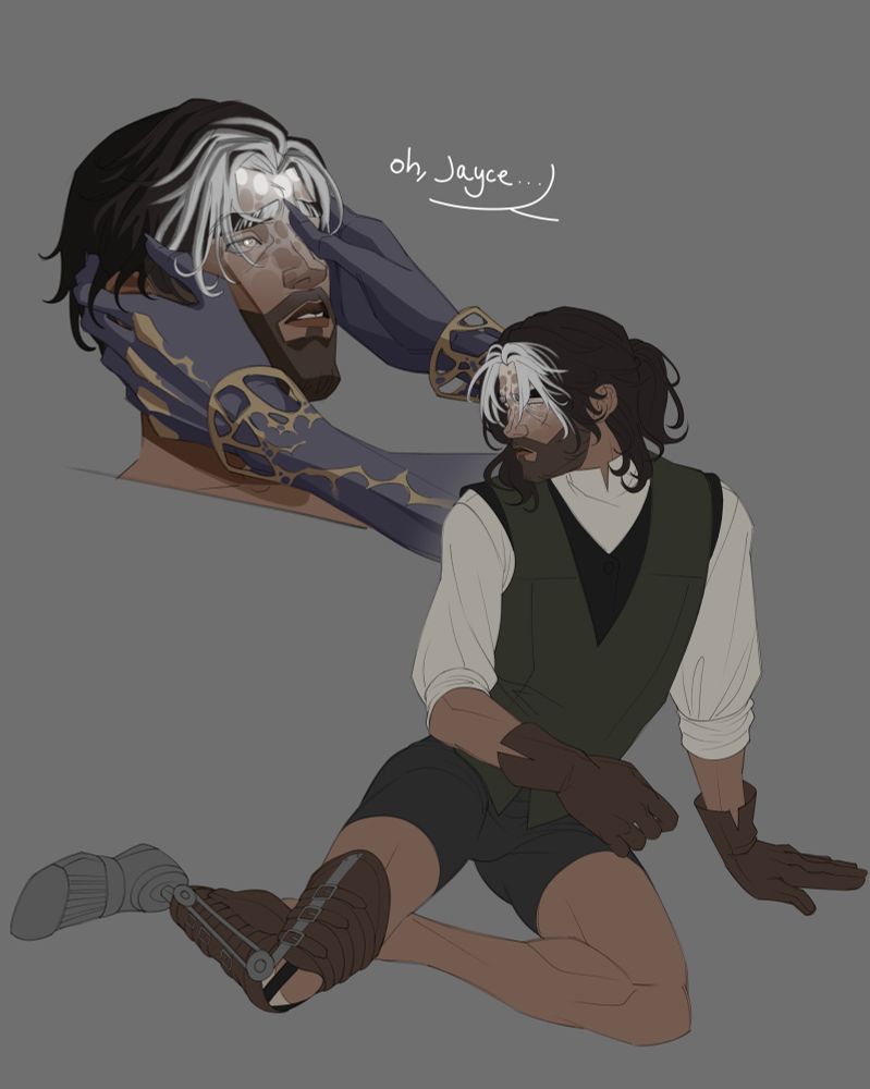 the top left is an illustration of jayce, having just emerged from the rune alongside viktor, whose body is still corrupted and non-human. viktor holds his face softly, a thumb shamefully brushing over the arcane stain that taints the upper half of jayces face with a magical webbing pattern that extends down from the fingerprints on his forehead, and colours a chunk of his hairline white. jayces irises are significantly more pale, and the pupils along with them. viktor is saying “oh, jayce…” in horror at the mark of his own creation. jayce looks up at viktor, slightly scared of him, but moreso relieved that he is alive and has finally realised what he’s done.

in the bottom right is an illustration of jayce, later on in the post-canon timeline, sitting on the ground, leaning back and using one hand to prop himself up, while the other is in his lap. he is looking down at his prosthetic leg pensively. his hair is slightly longer, and a portion of it is tied back into a ponytail. he still retains the arcane stain. his broken leg is replaced with a below-knee prosthetic, of which is comprised of leather, buckles, and a metal foot. he is wearing leather gloves—signifying his return to blacksmithing and possibly pointing toward the prosthetic being his own creation—a white button-down shirt, over which he wears a black vest, and another dark sage green vest on top. he is not wearing pants, save for a pair of black boxers, mostly just to highlight the prosthetic.