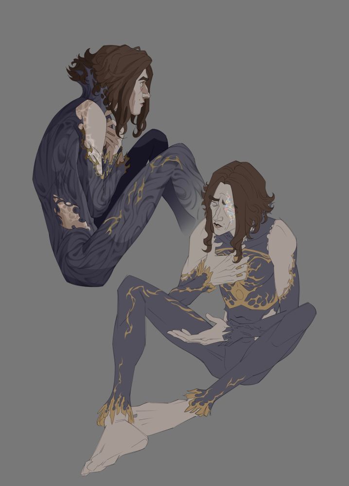 in the top left is an illustration of viktor, later on in the post-canon timeline, curled in on himself as he begins to shed his herald form. most of his skin is still concealed by metal and alloyed gold—while in other parts, such as his shoulders, face, hands, hips and feet, his flesh is visible. an iridescent webbing pattern is faintly visible on those parts, as though the metal carapace leaves scars of arcane origin as more and more of his flesh escapes. as he continues to shed the metal, the pattern will eventually retreat and fade. his hair is the same length as it was in his non-human form, though the back of it is tucked into the metal that peels away from his neck and forms what looks like a collar. his eyes are bright with shimmering pale colours, similar to both the way his eyes looked back in the commune, and to mage!viktor, implying he still retains some magic.

in the bottom right is an illustration of viktor in the same shedding phase, this time hunched over, looking up at someone out of frame with pleading eyes. he looks distressed. one of his hands is clawing at the alloyed gold on his chest (the pieces left over from the back brace that integrated into his body), and the other is palm up between his legs, like there are pieces of the shedded metal in it. he is missing an eye, the one that sustained the wound caused by ekko, though there is no hole in which it once was. it is simply skin with a imprint in the shape of an eye, complete with eyelids, covered in that same webbing, though this webbing will not fade with time. it’s slightly more vibrant. it’s implied that the wound impeded the way his eye formed while the rest of his body pieced back together inside the metal shell that was the herald form.
