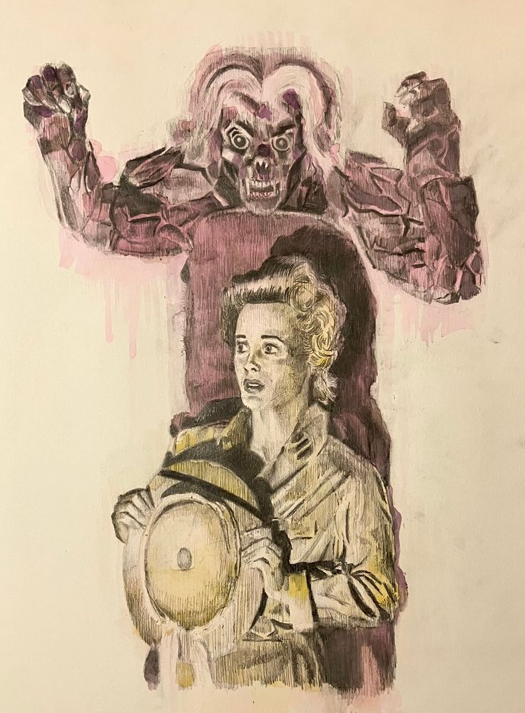 Drawing (graphite and cheap tempera) based on an old b-movie. A woman appears concerned and yet oblivious to the guy in the monster suit stood right behind her.