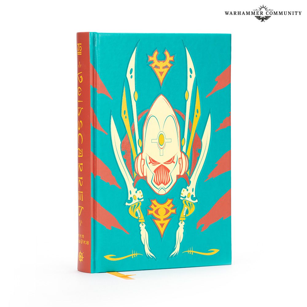 Very striking, brown and green cover, featuring a cream-coloured close-up of an Aeldari helm and blades.
