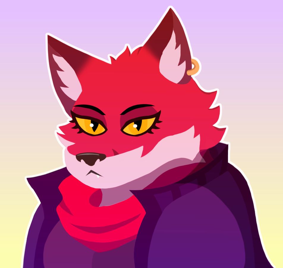 Lineless art of an anthro fox in a dark cloud, staring at the viewer in a cel-shading inspired style