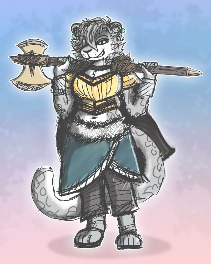 Colored sketch of a female anthro snow leopard carrying an axe over her shoulders, wearing a golden chest plate, a teal skirt, and a dark fur cape.