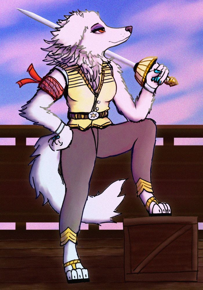 Colored sketch of an anthro female borzoi standing on the deck of a ship with one foot on a small crate, holding a rapier over her shoulder as she stares off into a sunset sky.