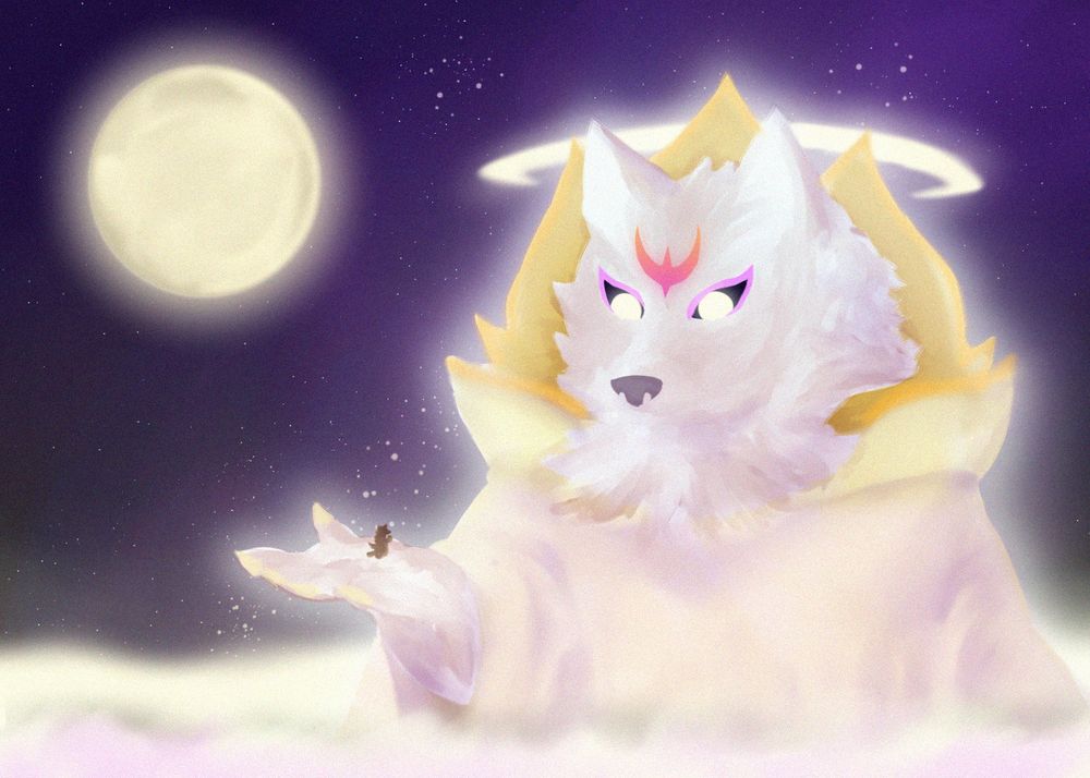 Art of a wolf god with white robes and gold armor rising above the clouds before a full moon