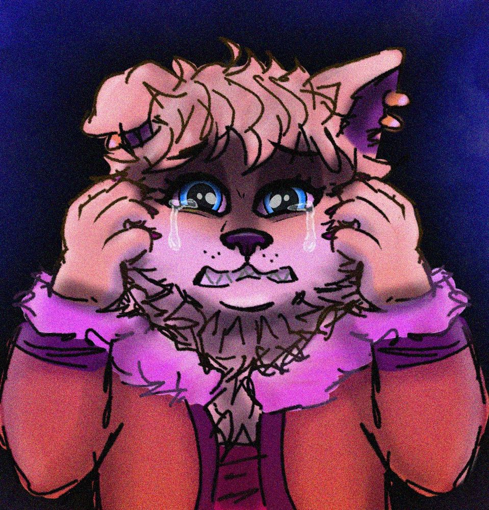 Colored sketch of an anthro dog crying and gripping her cheeks