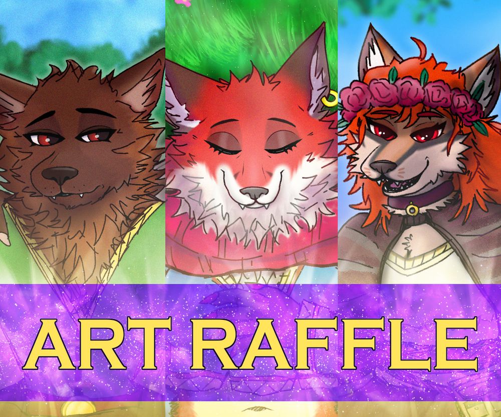 Art raffle ad featuring three anthro characters, two of my OCs on the left and scapegoatexe's OC on the right