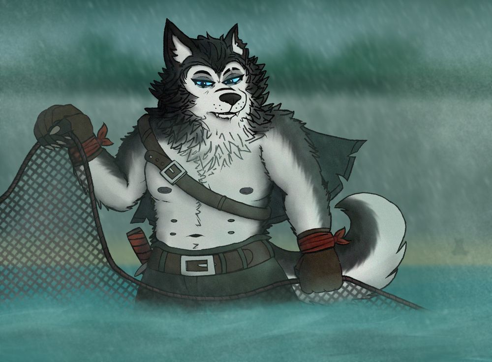 Art of a male anthro husky using a net to fish in the surf by the beach. It's stormy weather and raining.