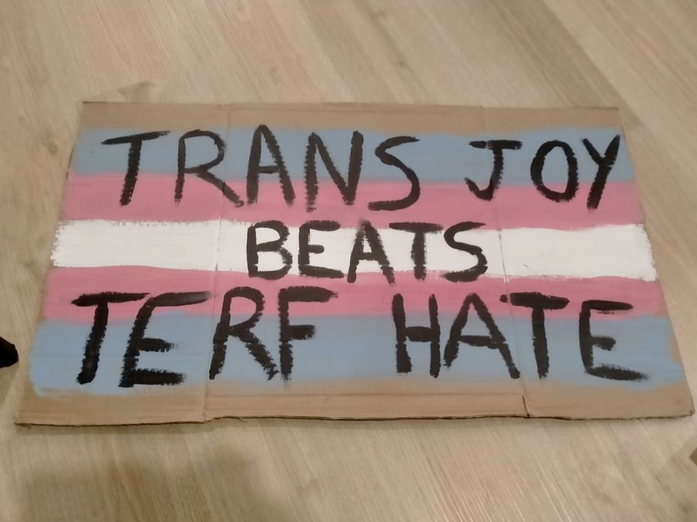 A sign made from cardboard that reads TRANS JOY BEATS TERF HATE. The background is the trans flag